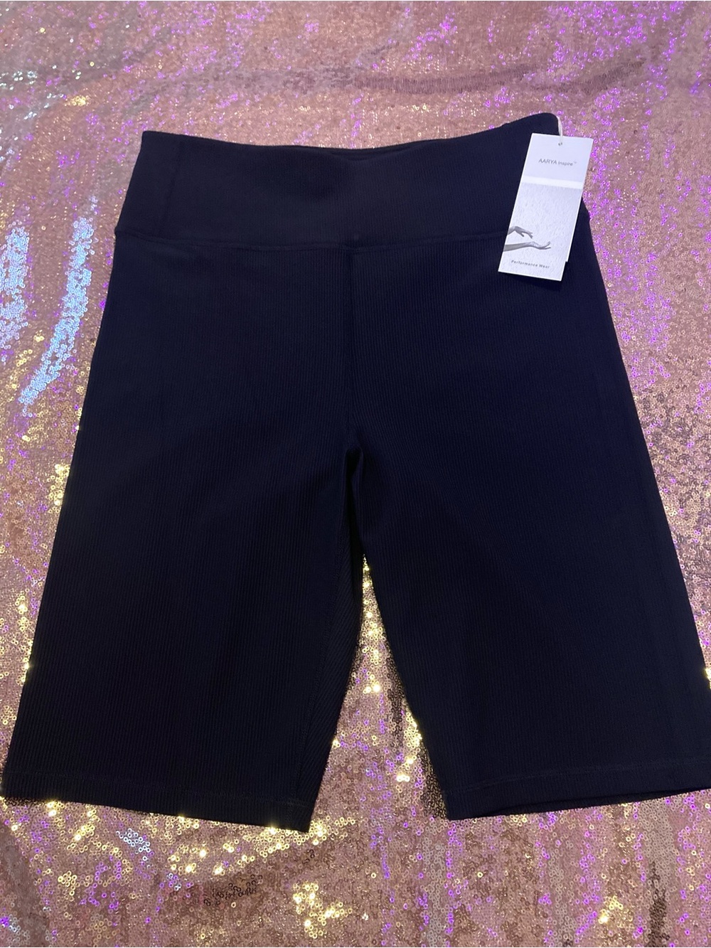 AARYA Inspire Black Ribbed High-Waist Bike Shorts
